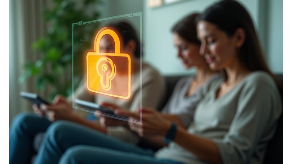 Digital lock icon over a subtly blurred image of healthy, vibrant older adults looking at a tablet