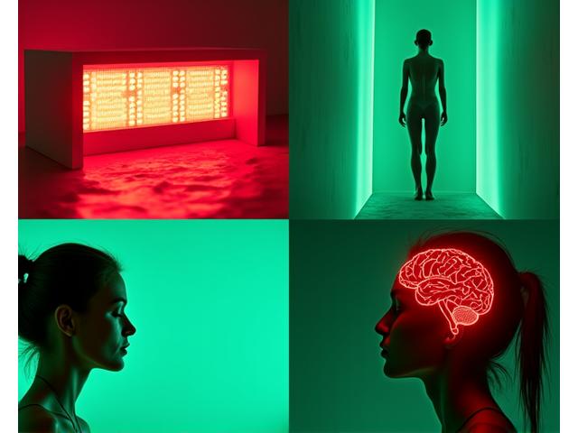 Collage of biohacking tools and scenes: red light panel, cold plunge, person meditating, brain wave visualization.