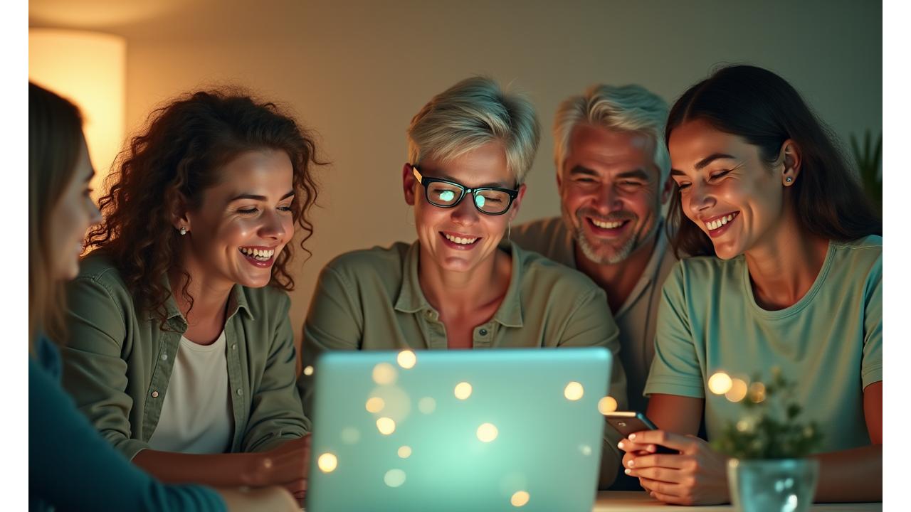 Diverse group of adults sharing and connecting in a vibrant online community, symbolizing supportive digital wellness space